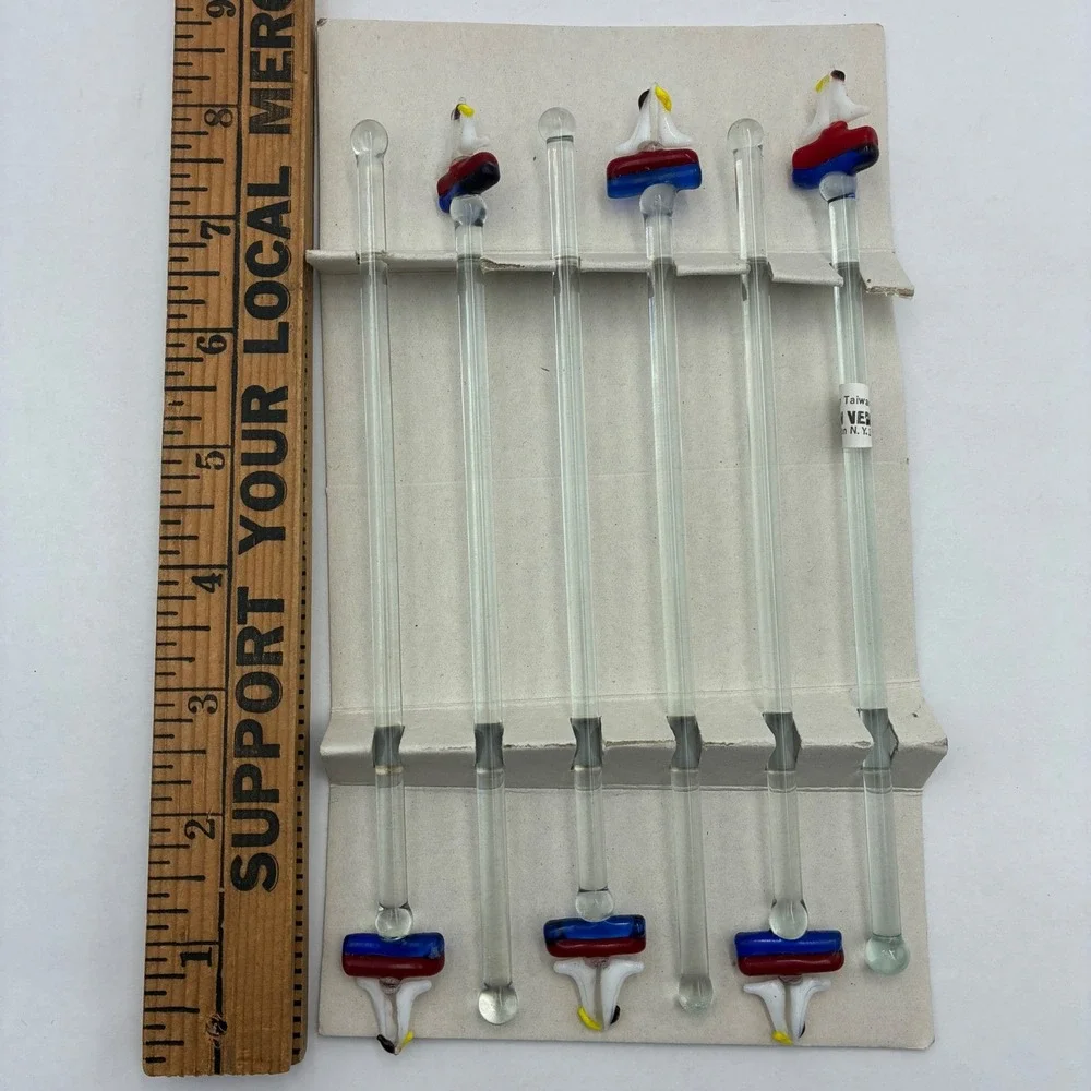 Lillian Vernon Hand Blown Glass Sailboat Swizzle Sticks Set of 6 Nautical 8 in